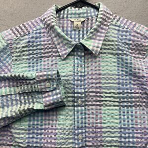 L.L.Bean Womens Medium Plaid Seersucker Button Down Shirt Blue Green